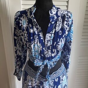 Blue and White Tie-Front Blouse with Tailored Collar and Ankle Pant Set